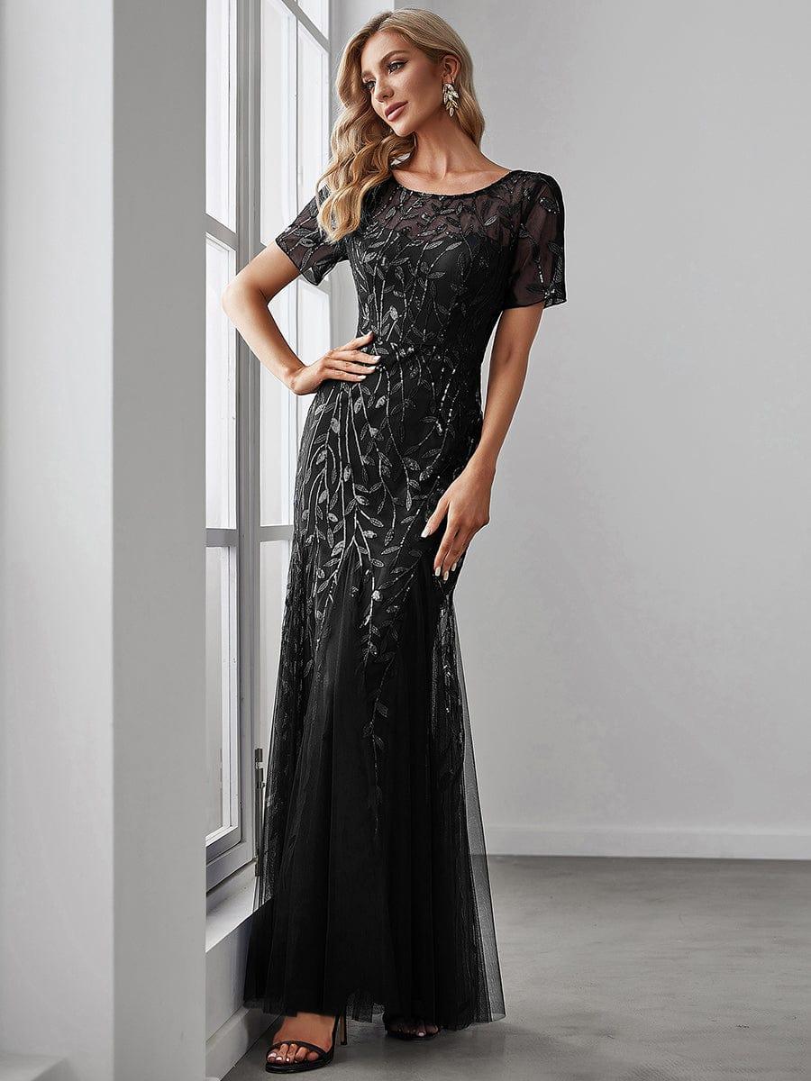 Sequin Leaf Maxi Long Fishtail Tulle Prom Dresses With Half Sleeves #color_Black