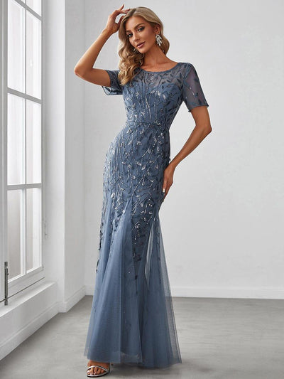 Sequin Leaf Maxi Long Fishtail Tulle Prom Dresses With Half Sleeves #color_Dusty Blue