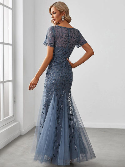Sequin Leaf Maxi Long Fishtail Tulle Prom Dresses With Half Sleeves #color_Dusty Blue