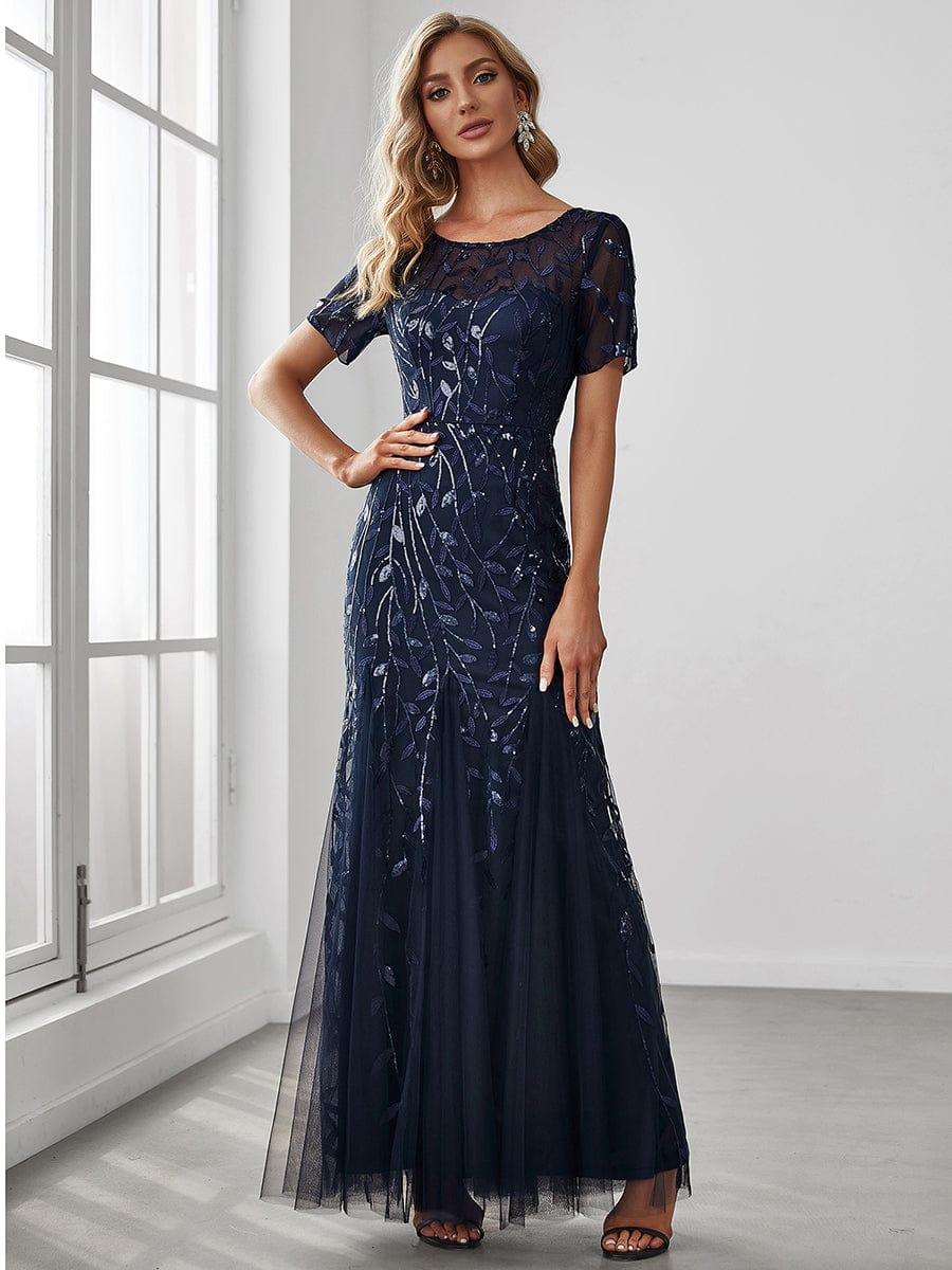 Sequin Leaf Maxi Long Fishtail Tulle Prom Dresses With Half Sleeves #color_Navy Blue