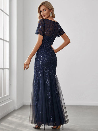 Sequin Leaf Maxi Long Fishtail Tulle Prom Dresses With Half Sleeves #color_Navy Blue