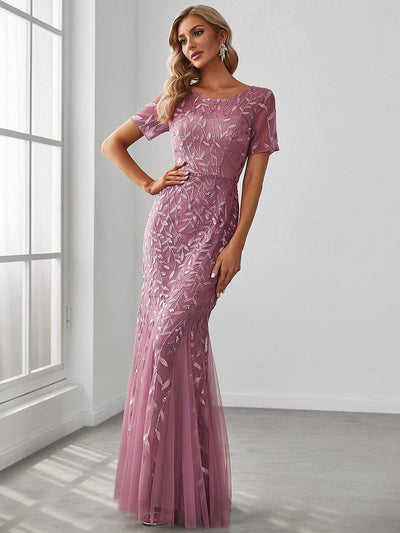 Sequin Leaf Maxi Long Fishtail Tulle Prom Dresses With Half Sleeve #color_Purple Orchid