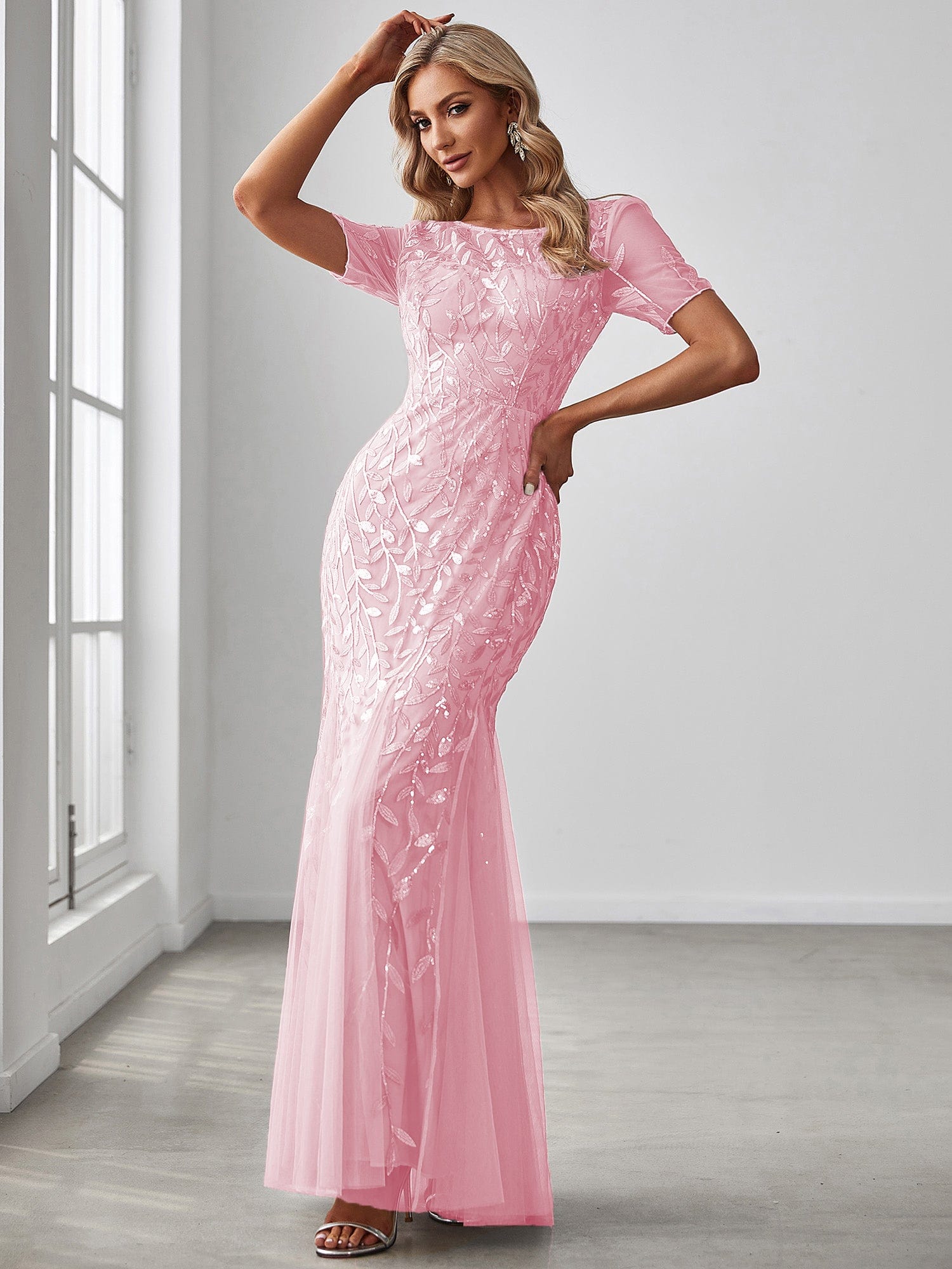 Custom Size Sequin Leaf Maxi Long Fishtail Tulle Prom Dresses With Half Sleeves #color_Pink