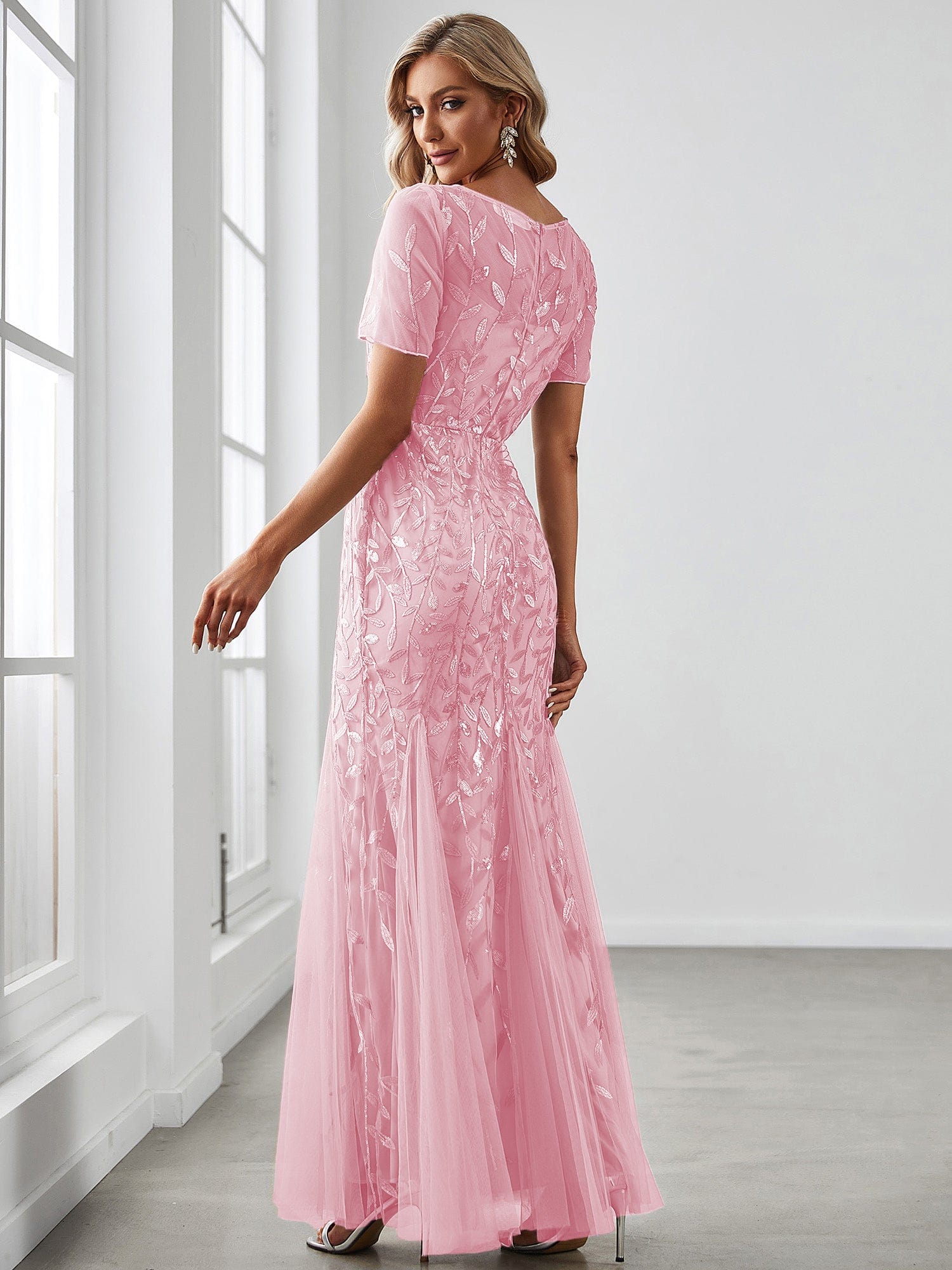 Custom Size Sequin Leaf Maxi Long Fishtail Tulle Prom Dresses With Half Sleeves #color_Pink