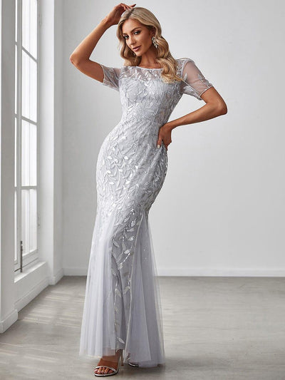 Sequin Leaf Maxi Long Fishtail Tulle Prom Dresses With Half Sleeves #color_Silver