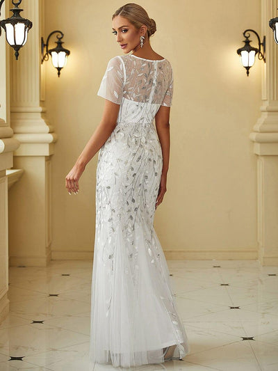 Sequin Leaf Maxi Long Fishtail Tulle Prom Dresses With Half Sleeves #color_White