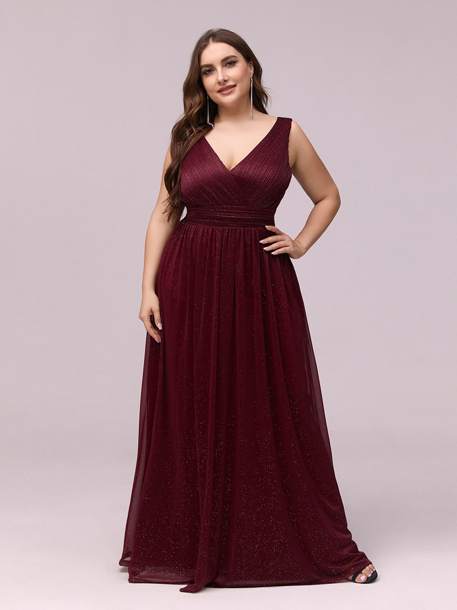 Maxi Double V Neck Floor Length Sparkly Wedding Guest Dress #color_Burgundy