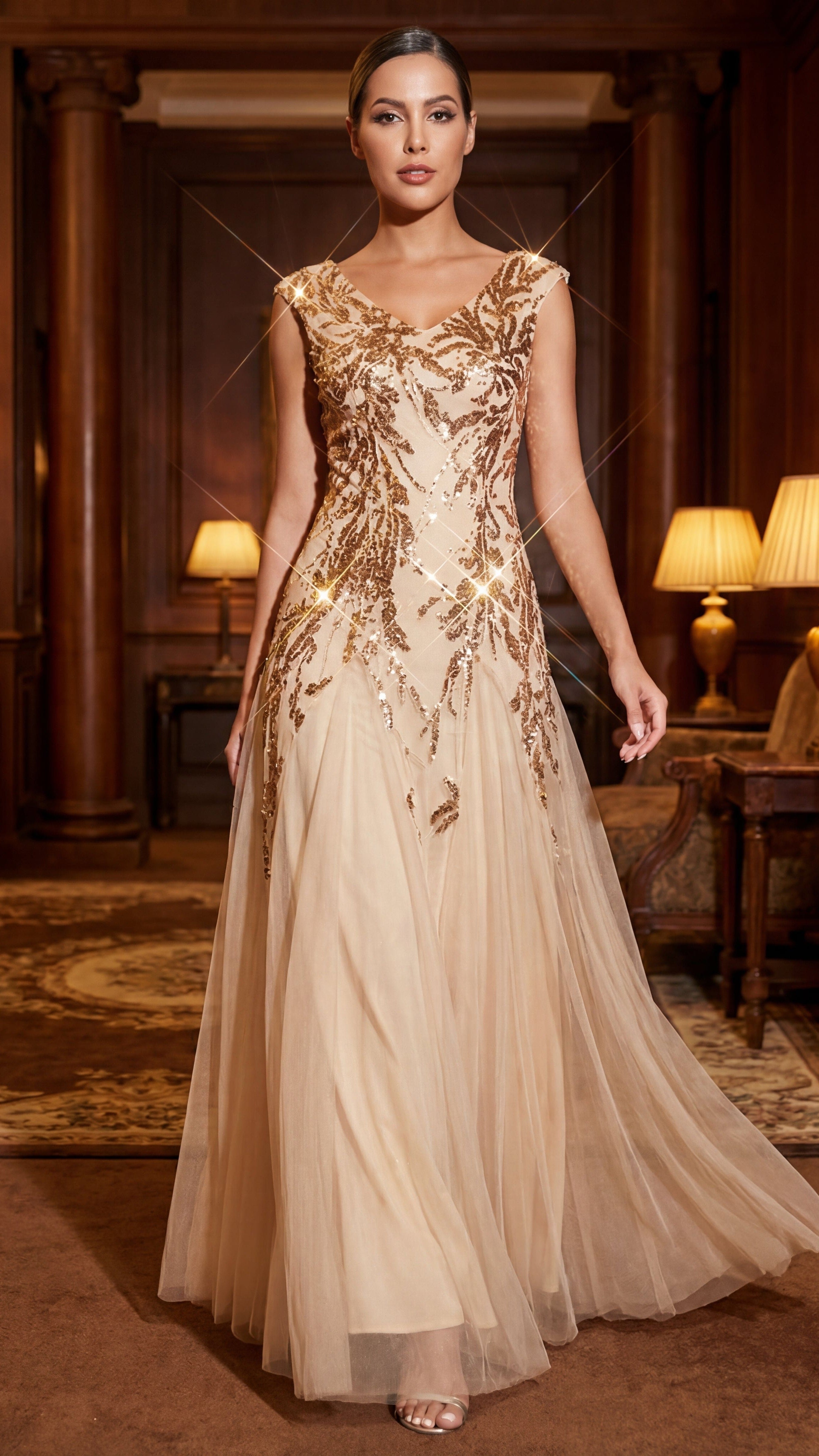 Plus Size V-neck Cap Sleeve Sequin Maxi Evening Dress for Special Occasions 