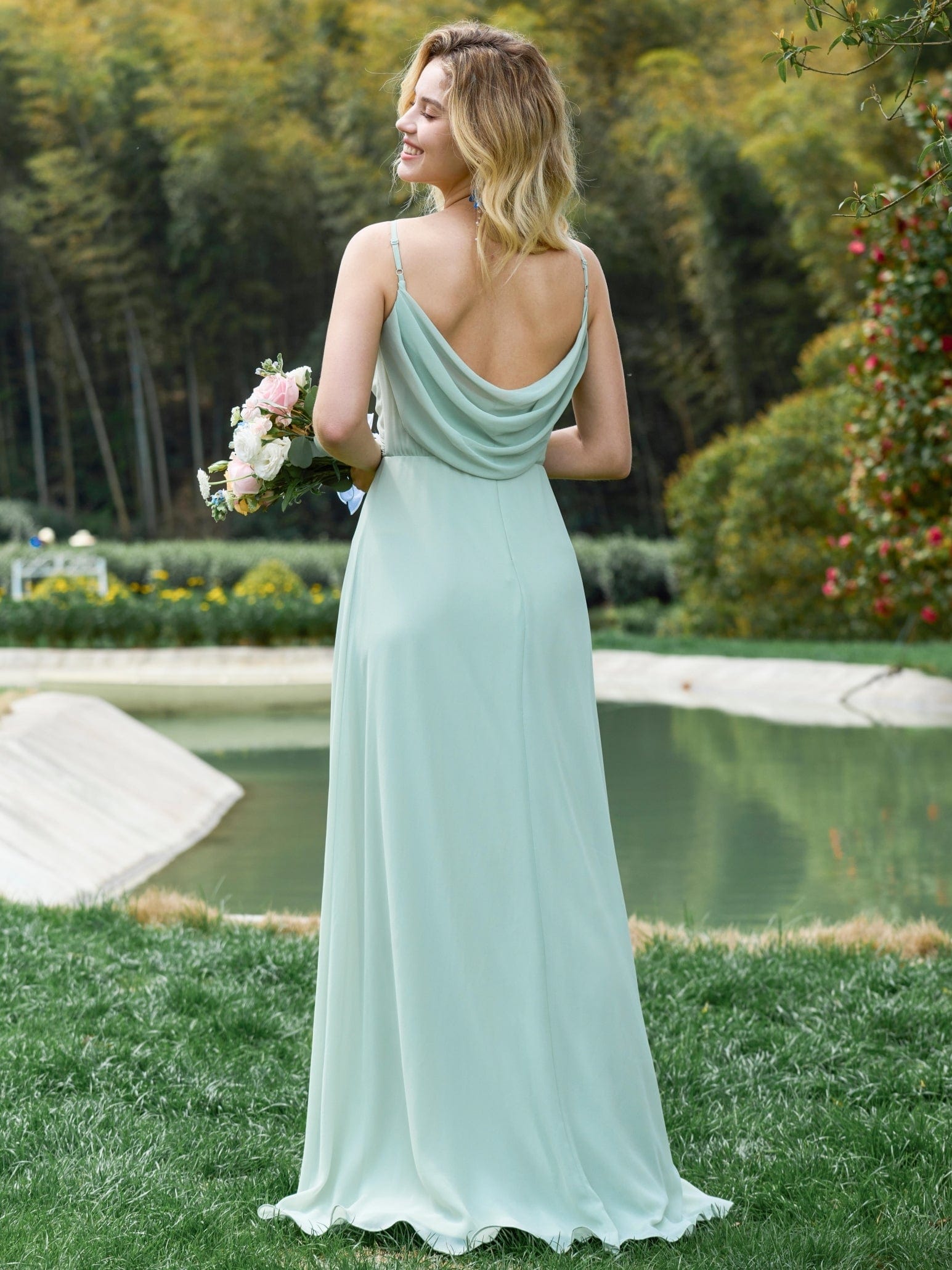 Sweetheart Draped Back Floor Length Bridesmaid Dress #color_Mint Green