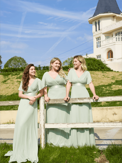ever MONICA|Long Empire Waist Bridesmaid Dress with Short Flutter Sleeves