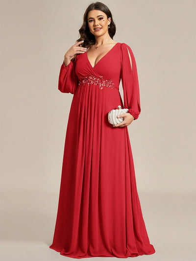 Lantern Long Slit Sleeve Deep V Applique Maxi Evening Dress #color_Red