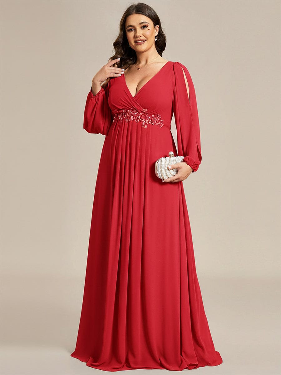 Lantern Long Slit Sleeve Deep V Applique Maxi Evening Dress #color_Red