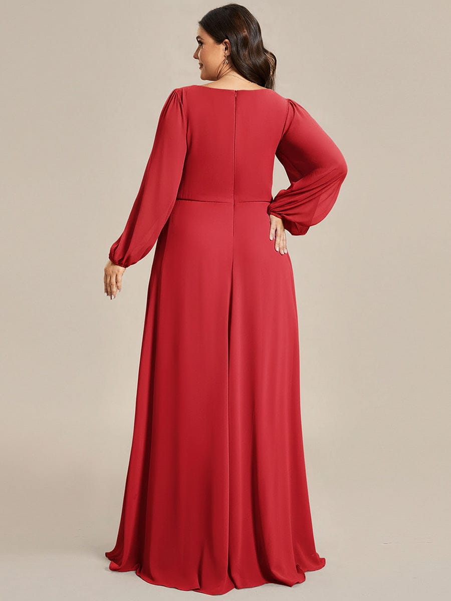 Lantern Long Slit Sleeve Deep V Applique Maxi Evening Dress #color_Red