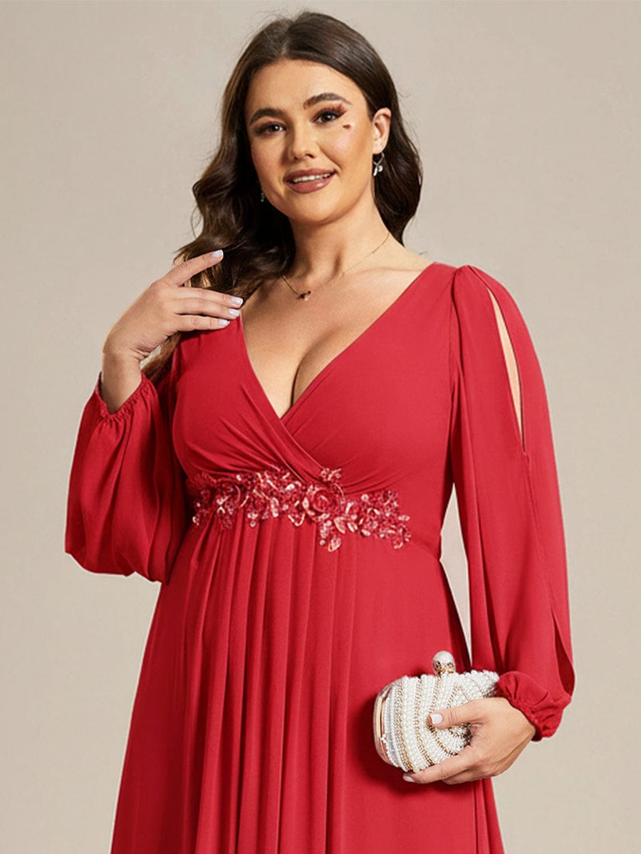 Lantern Long Slit Sleeve Deep V Applique Maxi Evening Dress #color_Red