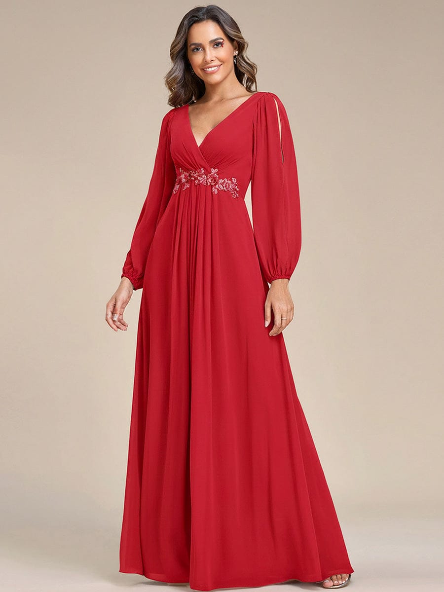 Lantern Long Slit Sleeve Deep V Applique Maxi Evening Dress #color_Red