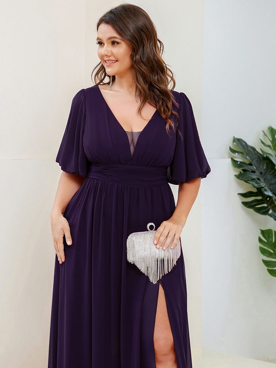Short Sleeve V-Neck Front Slit Chiffon Evening Dress #color_Dark Purple