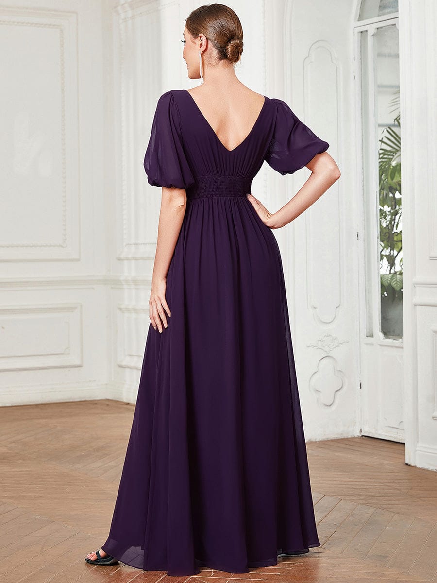 Short Sleeve V-Neck Front Slit Chiffon Evening Dress #color_Dark Purple