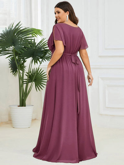 V-Neck Flutter Sleeve Floor-Length A-Line Chiffon Evening Dress #color_Damson