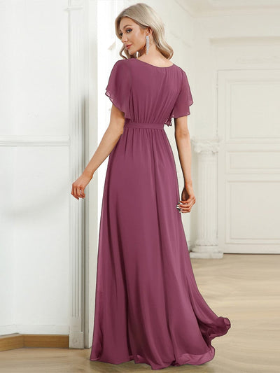 V-Neck Flutter Sleeve Floor-Length A-Line Chiffon Bridesmaid Dress #color_Damson