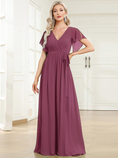 V-Neck Flutter Sleeve Floor-Length A-Line Chiffon Bridesmaid Dress #color_Damson