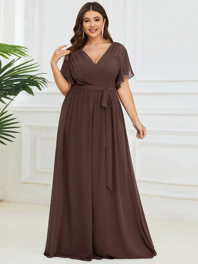 V-Neck Flutter Sleeve Floor-Length A-Line Chiffon Evening Dress #color_Espresso