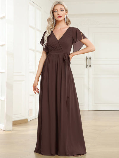 V-Neck Flutter Sleeve Floor-Length A-Line Chiffon Bridesmaid Dress #color_Espresso