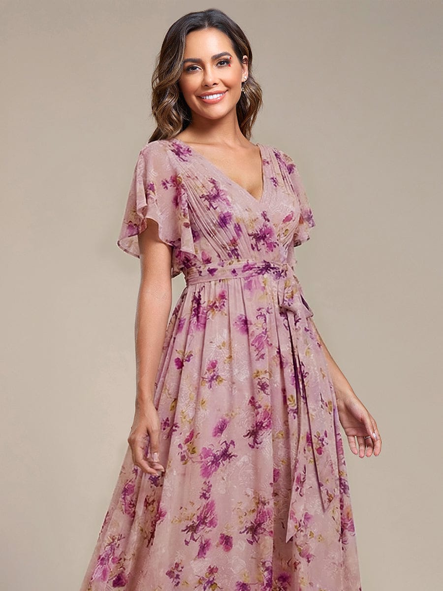 V-Neck Flutter Sleeve Floor-Length A-Line Chiffon Bridesmaid Dress #color_LU