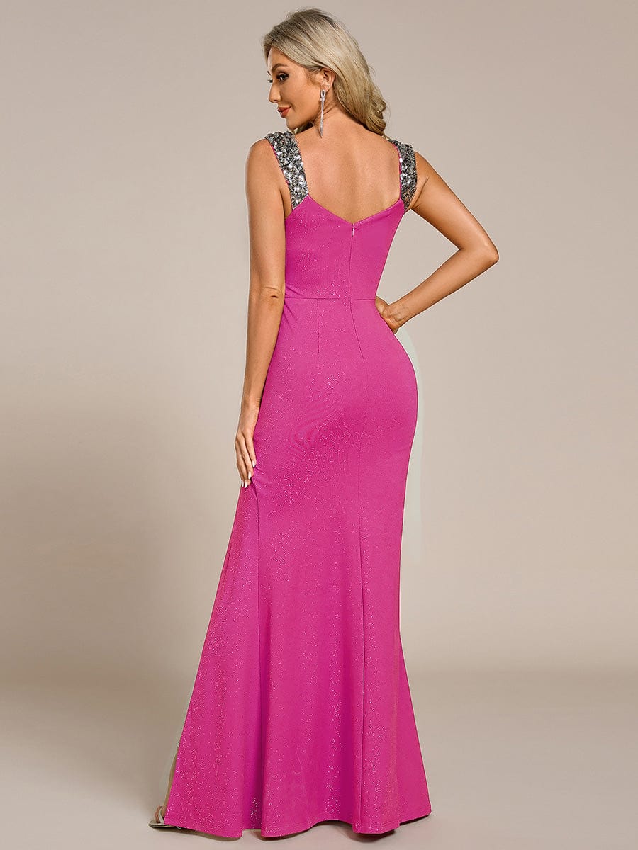 Elegant Sequin V Neck High Slit Wedding Guest Dresses #color_Hot Pink