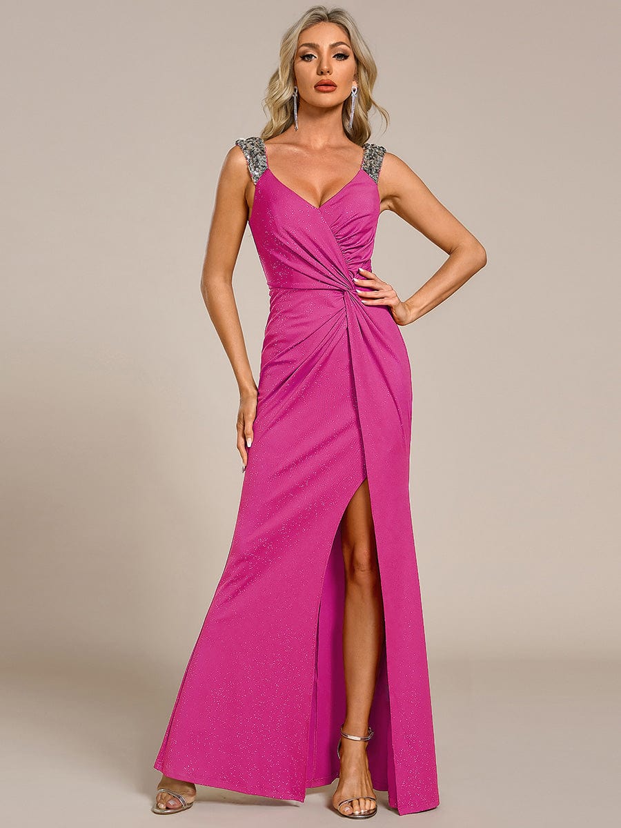 Elegant Sequin V Neck High Slit Wedding Guest Dresses #color_Hot Pink