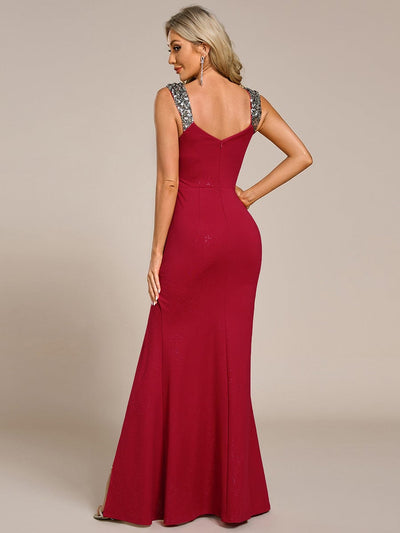 Elegant Sequin V Neck High Slit Wedding Guest Dresses #color_Red