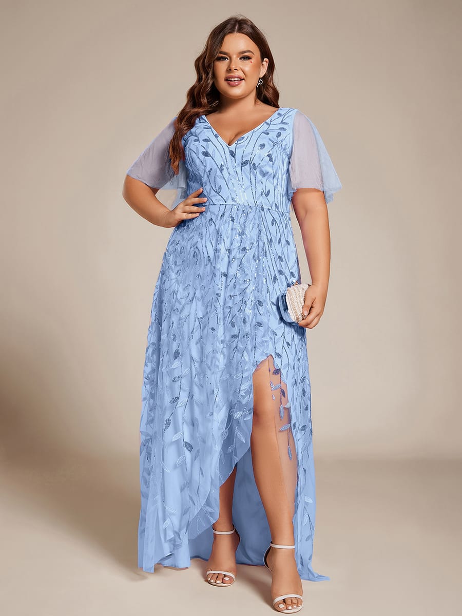 V-Neck Sequined Evening Dresses with High Slit #color_Sky Blue