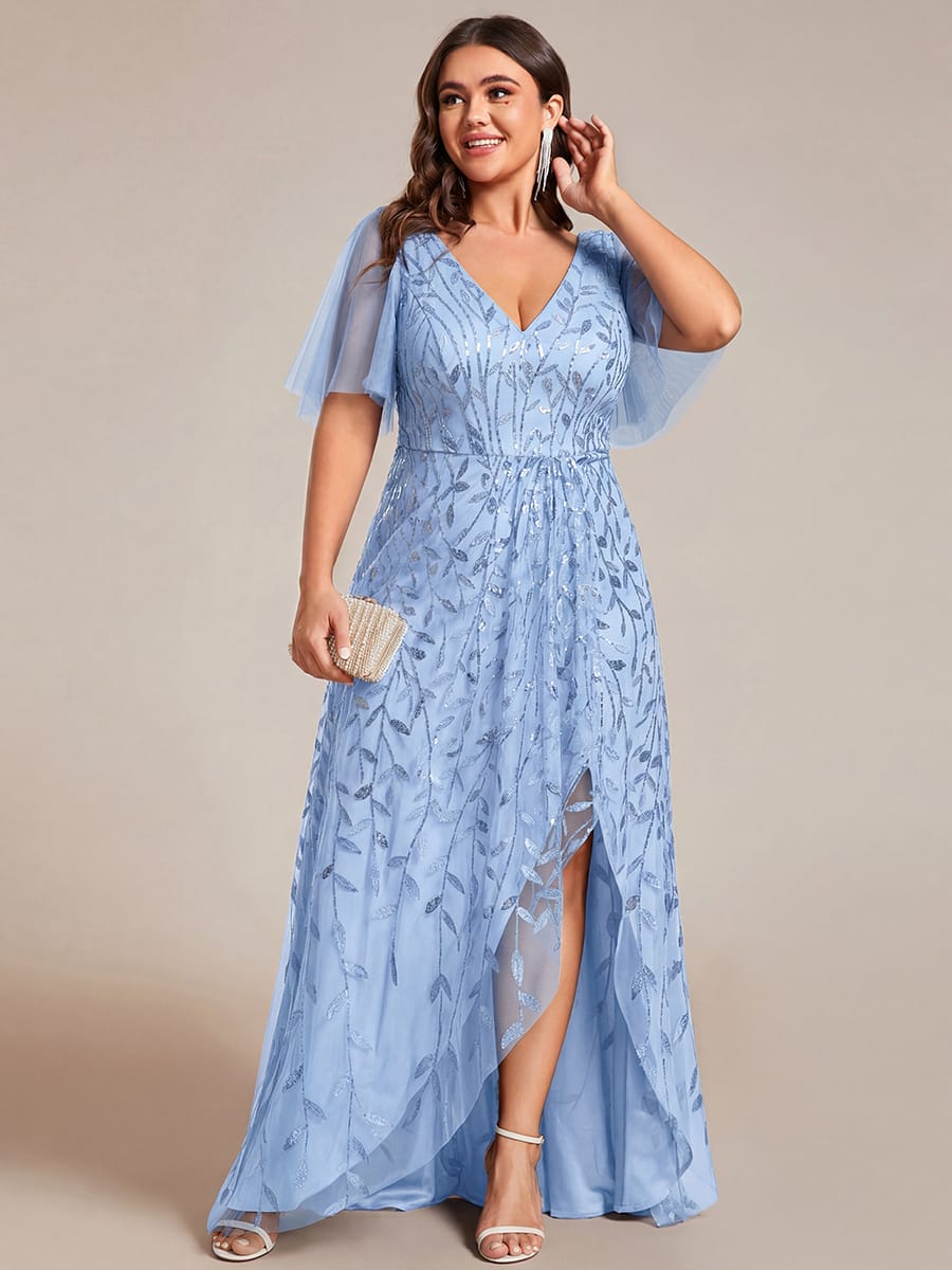 V-Neck Sequined Evening Dresses with High Slit #color_Sky Blue