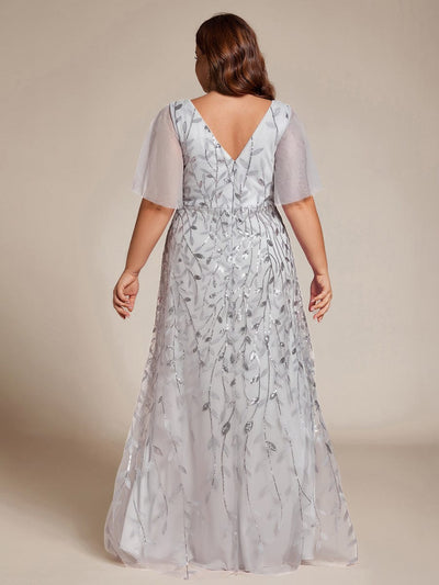 Plus Size V-Neck Sequined Evening Dresses with High Slit #color_Silver