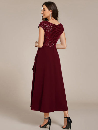 Short Sleeve Sequin Asymmetrical Chiffon Midi Evening Dress #color_Burgundy