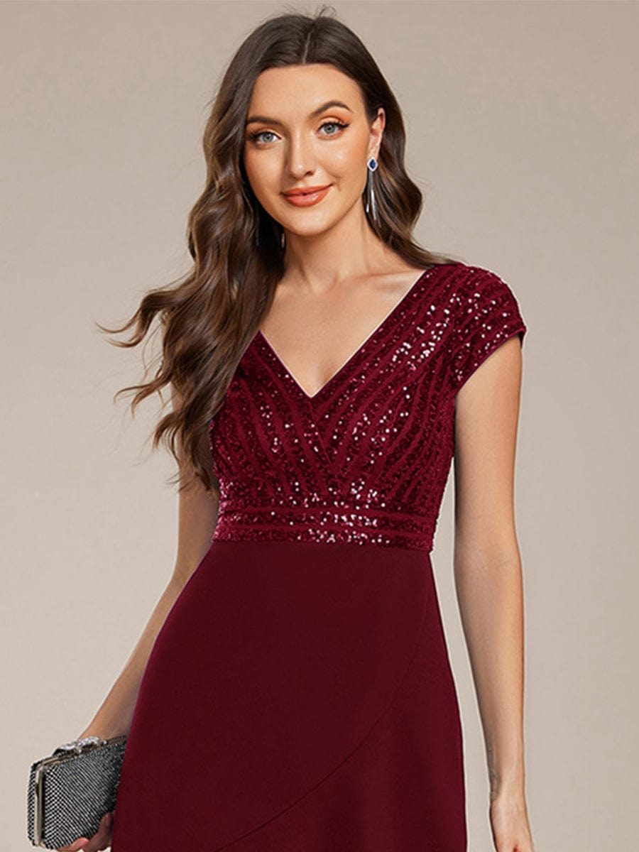 Short Sleeve Sequin Asymmetrical Chiffon Midi Evening Dress #color_Burgundy