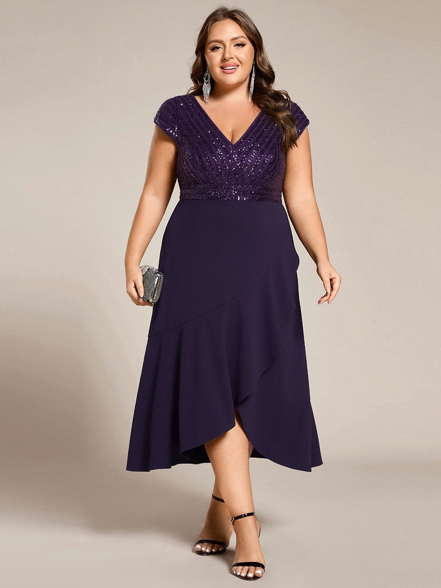 ever BAYLOR|Plus Size Short Sleeve Sequin Asymmetrical Midi Evening Dress