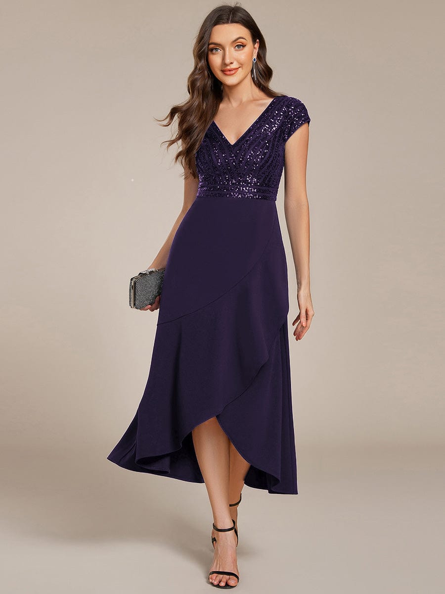 Short Sleeve Sequin Asymmetrical Chiffon Midi Evening Dress #color_Dark Purple