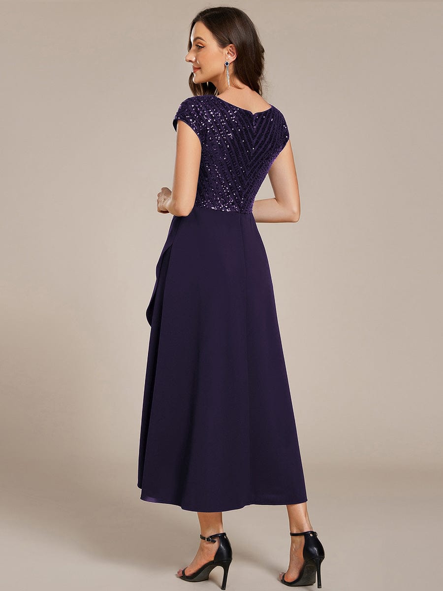 Short Sleeve Sequin Asymmetrical Chiffon Midi Evening Dress #color_Dark Purple