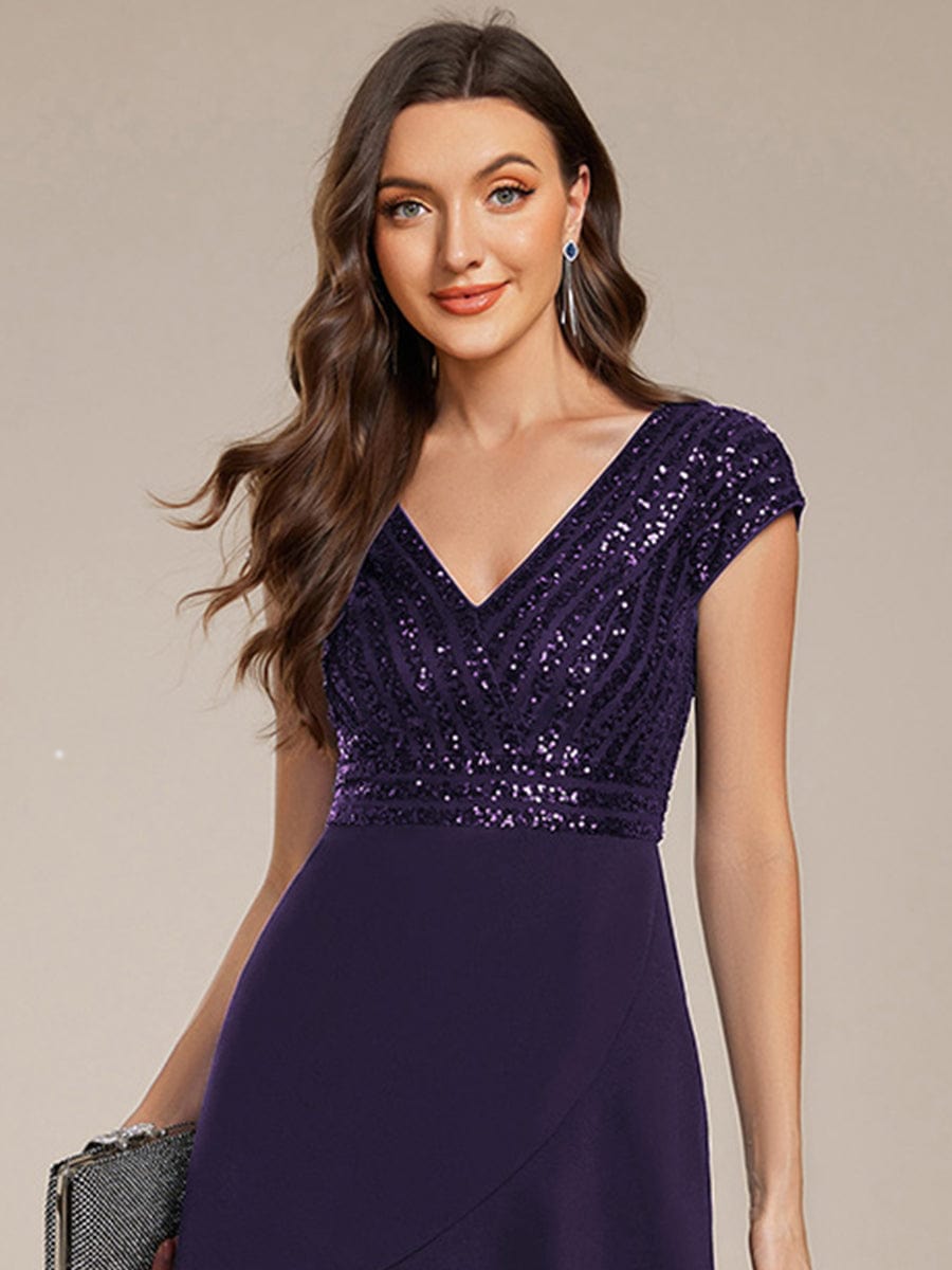 Short Sleeve Sequin Asymmetrical Chiffon Midi Evening Dress #color_Dark Purple