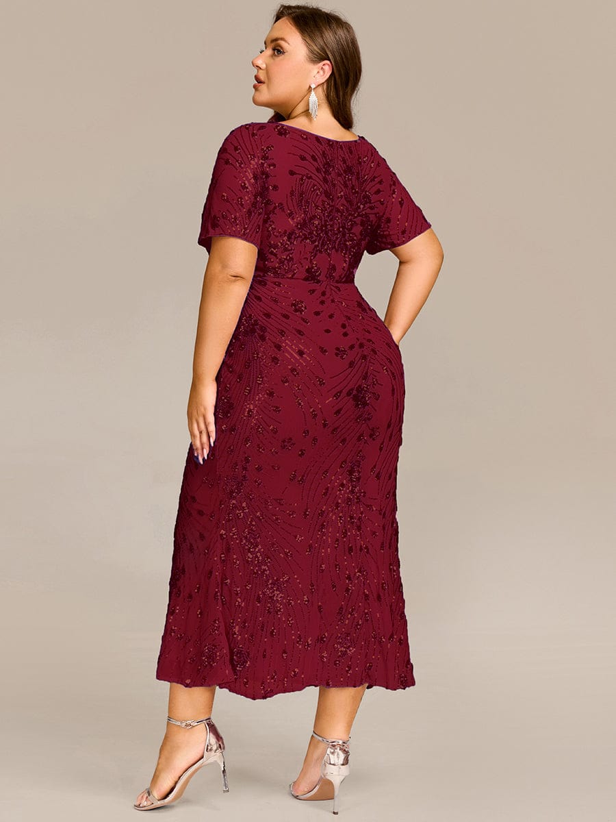 Sequin Mermaid Round Neck Evening Dress #color_Burgundy