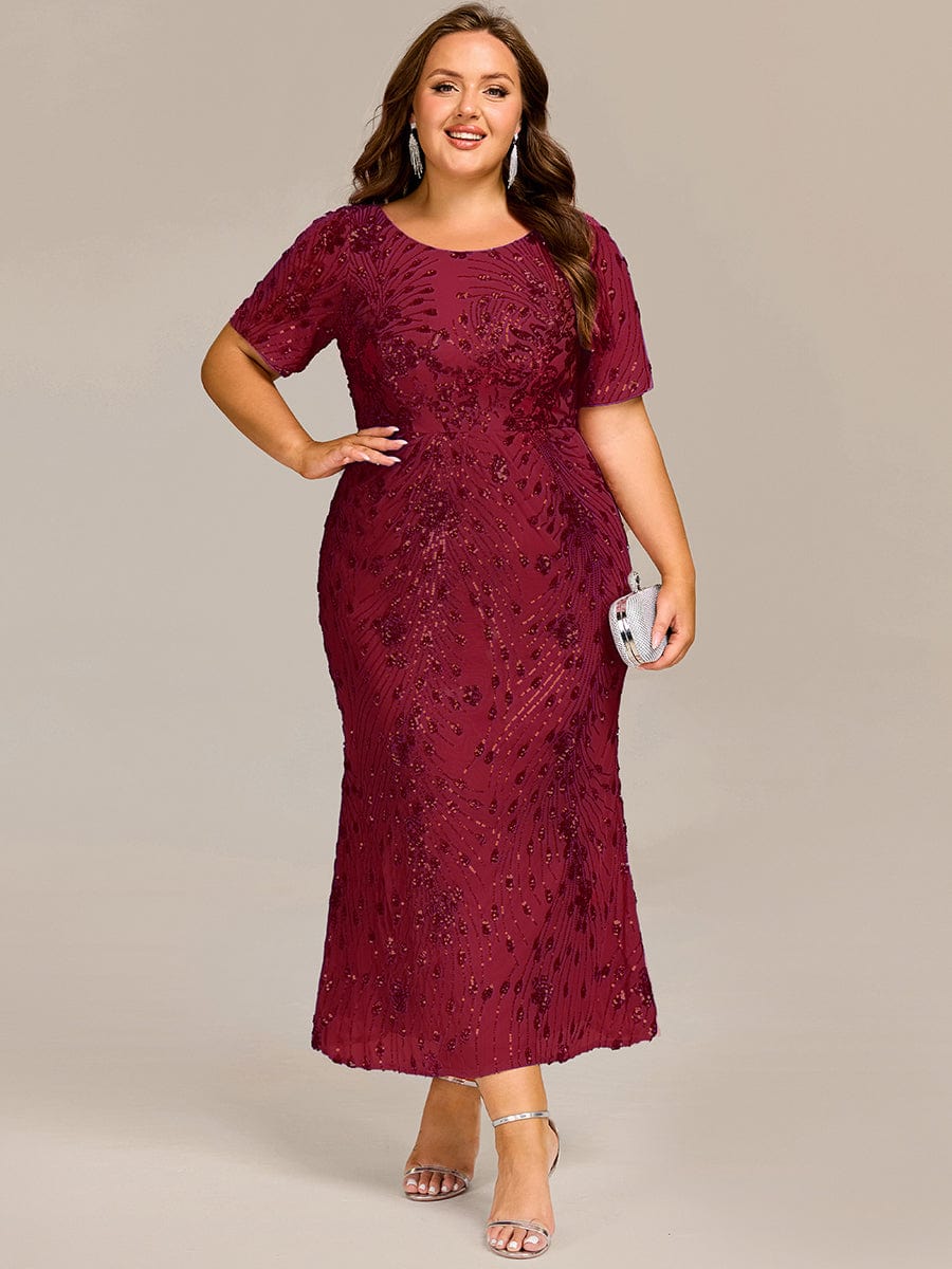 Sequin Mermaid Round Neck Evening Dress #color_Burgundy
