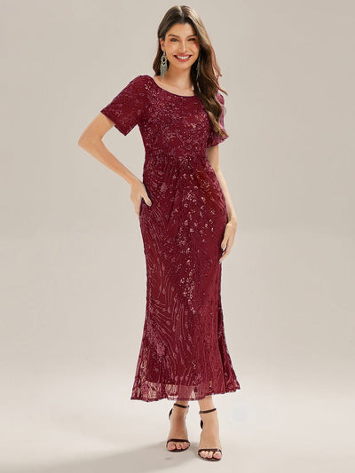 Sequin Mermaid Round Neck Evening Dress #color_Burgundy