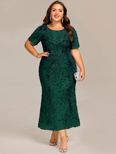 Sequin Mermaid Round Neck Evening Dress #color_Dark Green