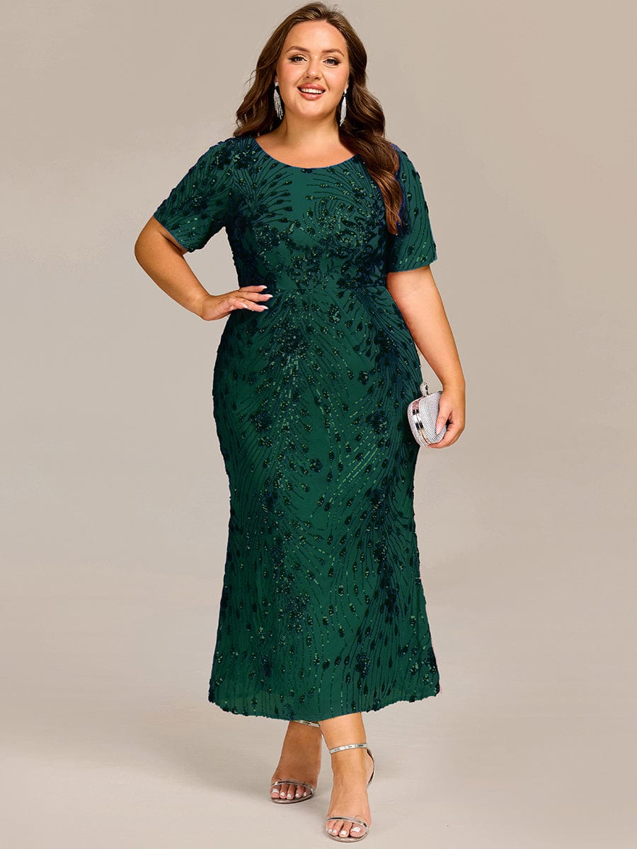 Sequin Mermaid Round Neck Evening Dress #color_Dark Green