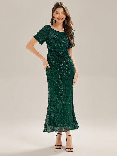 Sequin Mermaid Round Neck Evening Dress #color_Dark Green