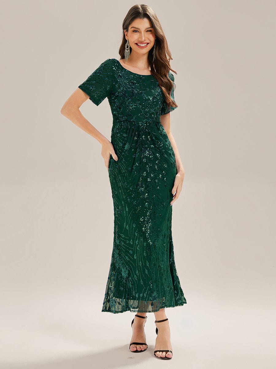 Sequin Mermaid Round Neck Evening Dress #color_Dark Green