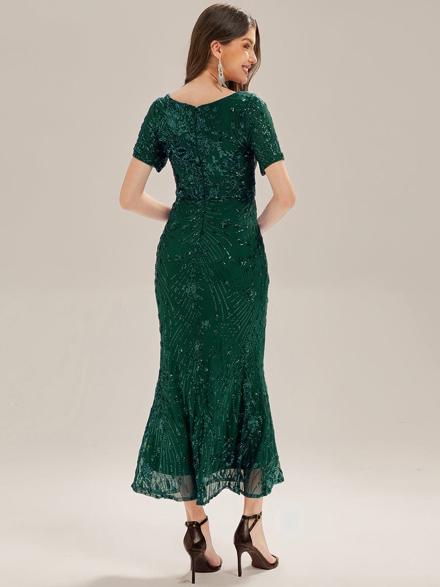 Sequin Mermaid Round Neck Evening Dress #color_Dark Green