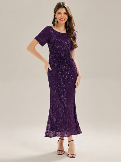 Sequin Mermaid Round Neck Evening Dress #color_Dark Purple