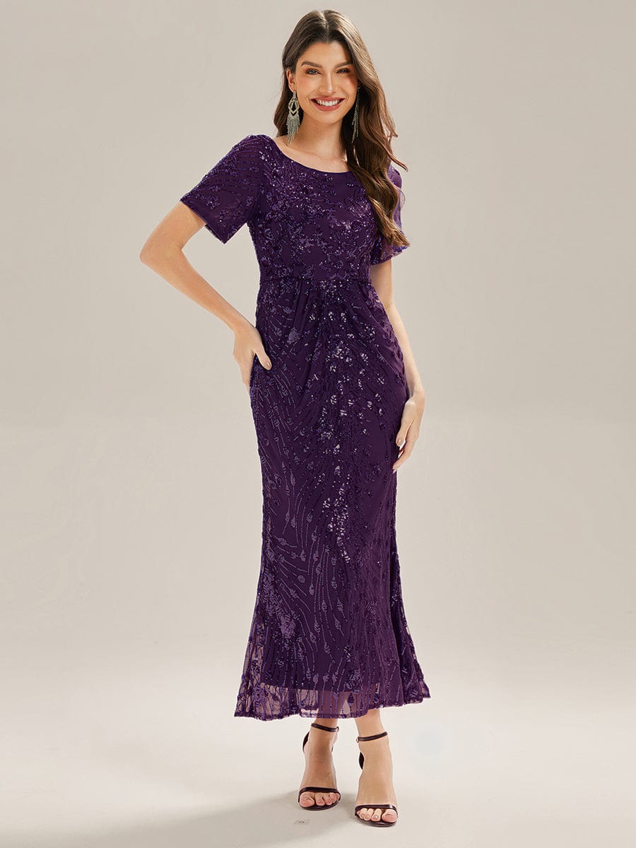 Sequin Mermaid Round Neck Evening Dress #color_Dark Purple