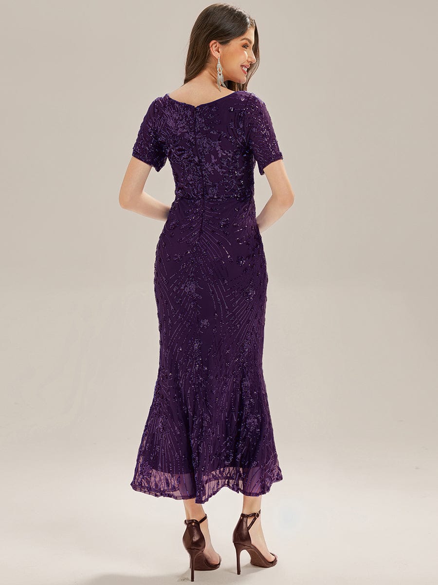 Sequin Mermaid Round Neck Evening Dress #color_Dark Purple